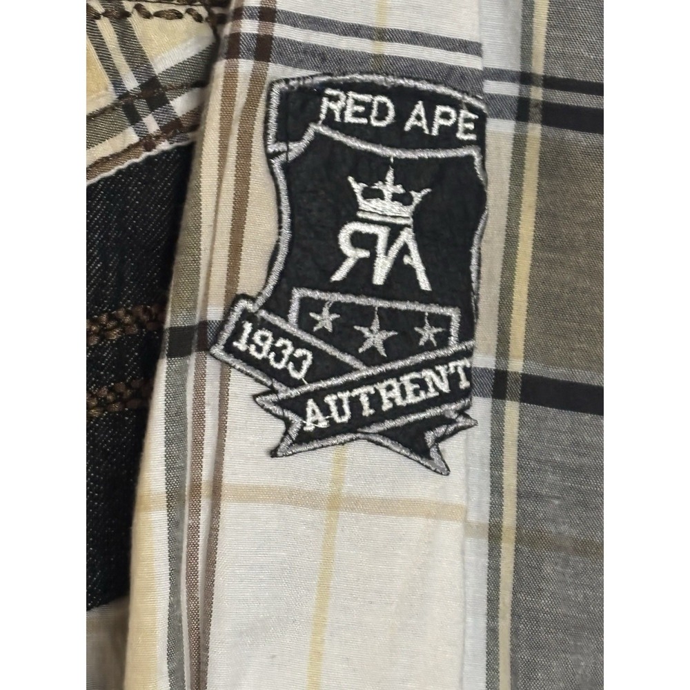 Red Ape Mens Tan Black Plaid Button Down Shirt Lion Crest Patch Size Large - Picture 11 of 16